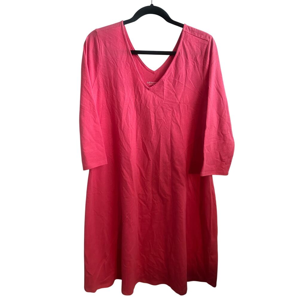 Soft Surroundings Large Pink Cotton V Neck A Line Dress 3/4 Sleeve